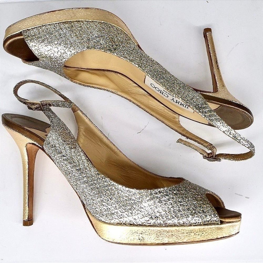 Jimmy Choo Glitter Slingback Peep Toe Nova Snake Platform Gold Silver EU 39 - Picture 3 of 7